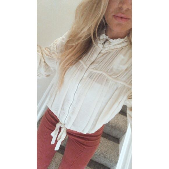 ALEXIS Ivory Cream Crinkle Chiffon Peasant Zip Front Drawstring Hem Posey Top S - Picture 16 of 16